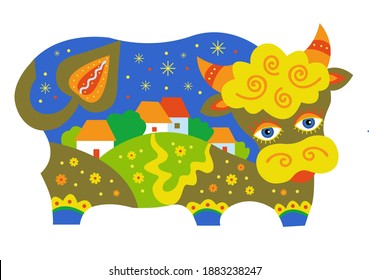 Bull with summer rural landscape