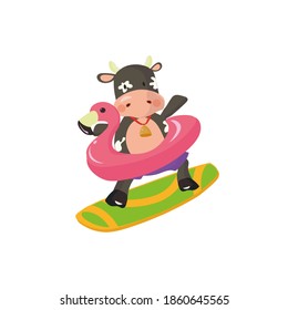 Bull Surfing With A Flamingo Shaped Floaty. Summer Vector Illustration.