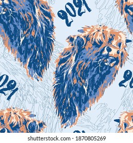 Bull, symbol of 2021, according to the Chinese calendar. Seamless vector new year pattern with bull. 