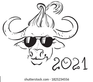 The bull is a symbol of 2021 according to the eastern calendar, graphics. Hipster bull with fashionable hairstyle and glasses. Vector graphics.