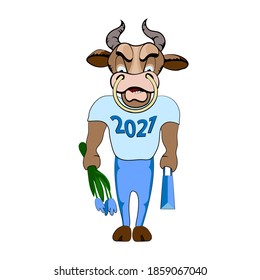 Bull, symbol of 2021. Chinese horoscope. Cartoon sports physique Bull in a t-shirt and pants with a bag and a bouquet of flowers goes on a date. Vector print for a t-shirt, mug, New Year's souvenir.