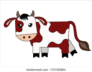 Bull - symbol 2021 - full color, stylized children`s vector illustration. The calf is a cute picture. Brown Spotted Cow - Farm Animal