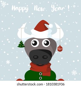 Bull symbol in 2021  A funny cute ox and new toys the horns  red ball   Christmas tree  It can be used as an poster  banner  postcard  greeting the New Year  Christmas  Vector illustration 
