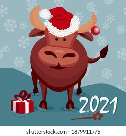bull symbol 2021. Vector illustration of a bull on a snowy background for Christmas. A bull in a new year's red hat. Bull for the 2021 calendar