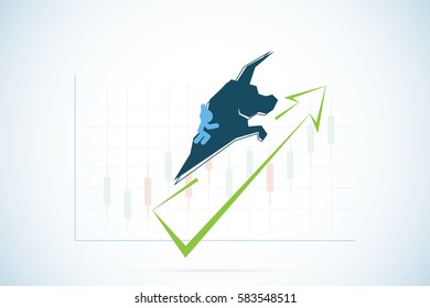 bull symbol with green and candlestick chart, stock market and business concept