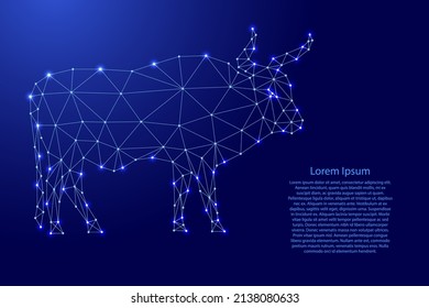 Bull, symbol of horoscope according to Eastern calendar, from futuristic polygonal blue lines and glowing stars for banner, poster, greeting card. Vector illustration.