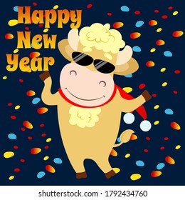 The bull, the symbol of the New Year 2021, is dancing in confetti or colorful holiday lights. Charming bull on a blue background in cartoon style. New year square card.