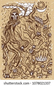 Bull symbol on old texture background. Ox with death skeleton, crown and mystic signs. Fantasy engraved illustration. Zodiac animals of eastern calendar, mysterious concept