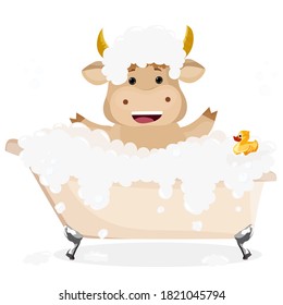 Bull taking a bath. Vector illustration. 