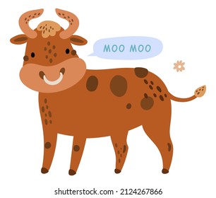 Bull talking noo moo. Cute farm animal with speech bubble