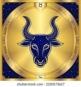 Signo de zodiaco de toro, lujoso medallón griego dorado clásico, seña estelar estelar, señalización de fortuna y pronóstico de futuro de la astrología del horóscopo, ilustración de diseño de vectores de emblemas de elementos.