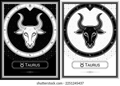 Bull Taurus Zodiac Sign and Symbol, Classic Luxury Circular Black-White Silhouette Greek Meander Fortune Card, Stellar Star Sign, Horoscope Astrology Fortune-Telling and Future Prediction.