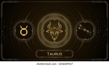 Bull Taurus Zodiac Sign, Symbol, Stellar Star Constellation, Classic Greek Meander Wheel, Horoscope and Astrology, Fortune-Telling, Stellar Backdrop Background