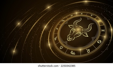 Bull Taurus Zodiac Symbol, Wheel of Twelve Sign, Star Trail, Glowing Ray of Star Light in Space, Horoscope and Astrology, Fortune-Telling, Stellar Backdrop Background Vector Illustration.