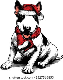 Bull Terrier raça em chapéu vermelho de Papai Noel, Cão de Natal engraçado, Feriado de inverno de Cão de Natal, Cão de Natal bonito