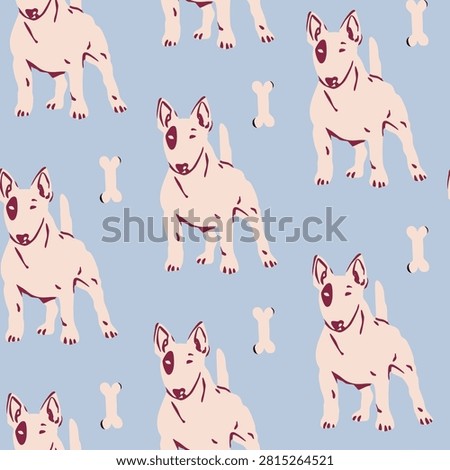 Bull terrier dog and bones. Blue background. Hand drawn trendy Vector illustration. Square seamless Pattern, wallpaper. Repeating cute domestic animal portraits 
