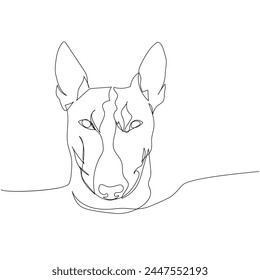 Bull Terrier dog breed, English dog one line art. Continuous line drawing of friend, dog, doggy, friendship, care, pet, animal, family, canine.