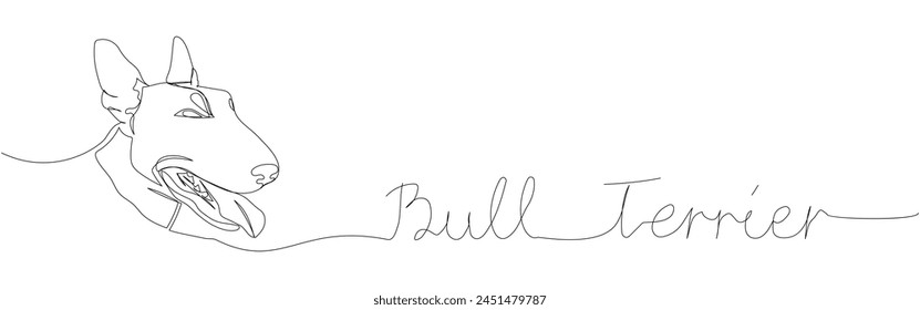 Raza de perro Bull Terrier, perro inglés de una línea de arte. dibujo de línea continua de amigo, perro, perro, amistad, cuidado, mascota, animal, familia, canino con inscripción, letras, manuscrito.