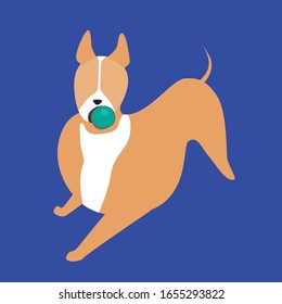 A bull terrier or a dog as a character with white spots plays with a ball. Simple doodle vector stock illustration isolated on a blue background for design and print