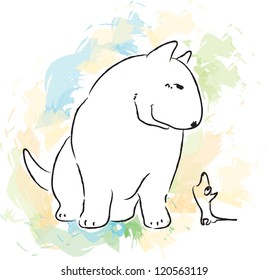 Bull Terrier dog looks at the startled mouse