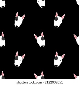 Bull terrier dog on black background textured seamless pattern for wrap gift box , Pattern for tablecloth, duvet cover, blanket, or other textile print.