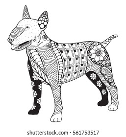 Bull terrier dog zentangle stylized, vector, illustration, freehand pencil, hand drawn, pattern.  Zen art. Black and white illustration on white background. 