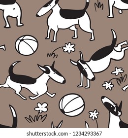 Bull terrier dogs seamless pattern. Background with pets character in doodle simple style. Vector illustration for fabric, textile, wrapping, other surfaces