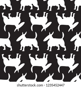 Bull terrier dogs seamless pattern. Background with pets character in doodle simple style. Vector illustration for fabric, textile, wrapping, other surfaces