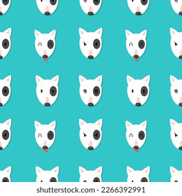 Bull Terrier face cartoon so cute. On green background. Pattern seamless vector illustration.
