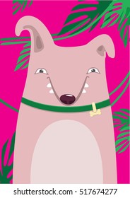 Bull Terrier in green leaves on a pink background