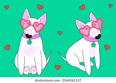 Bull terrier in heart sunglasses. Flat vector illustration.