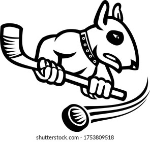 Bull Terrier With Ice Hockey Stick Mascot Black and White