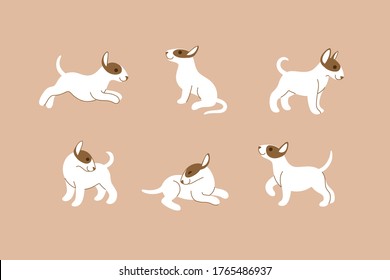 Bull terrier icon set. Cartoon dog in various poses. Vector illustration for prints, clothing, packaging, stickers.