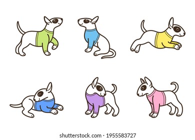 Bull terrier icon set. Cartoon dog in various poses. Vector illustration for prints, clothing, packaging, stickers.