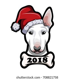 Bull terrier portrait, bullterrier funny face. In a Sants Claus Hat. Xmas Vector illustration isolated on white background