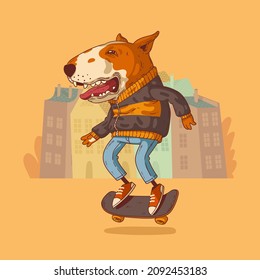 Bull terrier skateboarder, vector illustration. Smiling trendy dressed anthropomorphic dog, doing stunts on his skateboard with his tongue hanging out. Animal character with human body. Furry