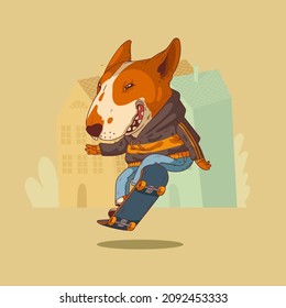 Patinador de Bull terrier, ilustración vectorial. Perro antropomórfico a la moda sonriente, haciendo trucos en su patineta contra las siluetas de los edificios. Carácter animal con cuerpo humano. Furia