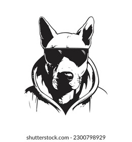 bull terrier wearing hoodie and sunglasses  vintage logo line art concept black   white color  hand drawn illustration