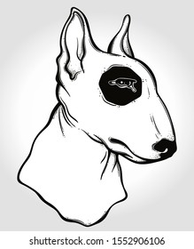 Bull terrier's portrait . Vector illustration for coloring book, t-shirts, tattoo art, boho design, posters, textiles. Isolated vector illustration.