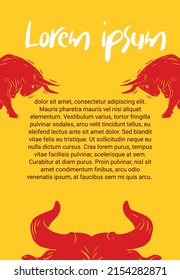 Bull themed flyer. Vector sign and bull's head. Red background