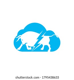 Bull with thunder and cloud logo design. Flash electric energy in bull.