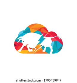 Bull with thunder and cloud logo design. Flash electric energy in bull.