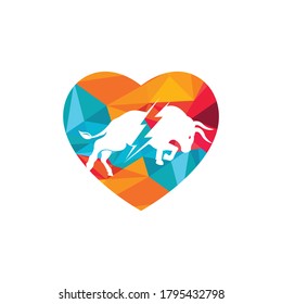 Bull with thunder and heart shape  logo design. Flash electric energy in bull.