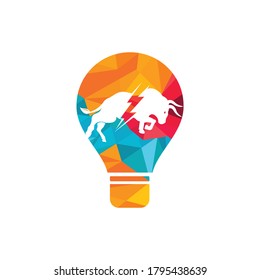 Bull with thunder and light bulb logo design. Flash electric energy in bull.