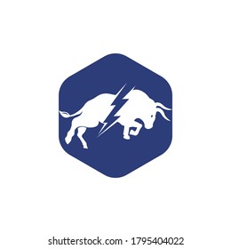 Bull with thunder logo design. Flash electric energy in bull.