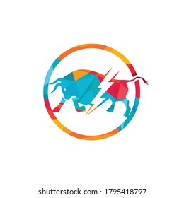 Toro con el diseño del logo trueno. Energía eléctrica flash en toro.