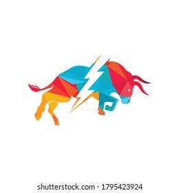 Bull with thunder logo design. Flash electric energy in bull.