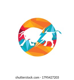 Bull with thunder logo design. Flash electric energy in bull.