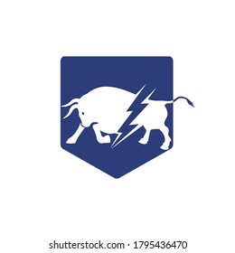 Bull with thunder logo design. Flash electric energy in bull.