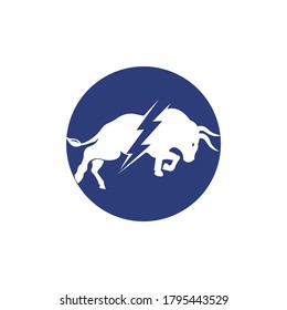 Bull with thunder logo design. Flash electric energy in bull.